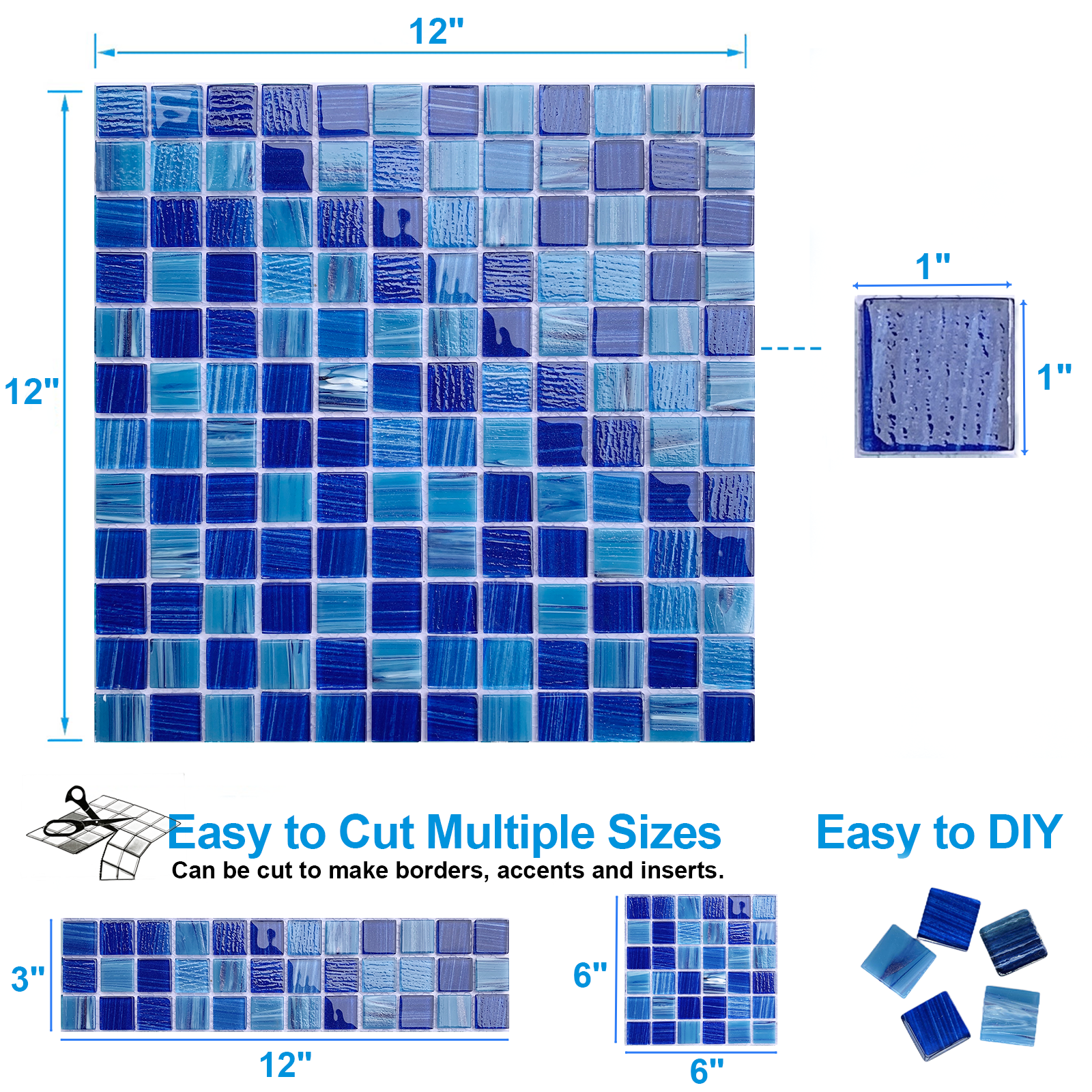 12" x 12" Glass Mosaic Tiles Backsplash Pool Tile for Bathroom Border Shower Wall (5 Sq.Ft Cobalt Blue)