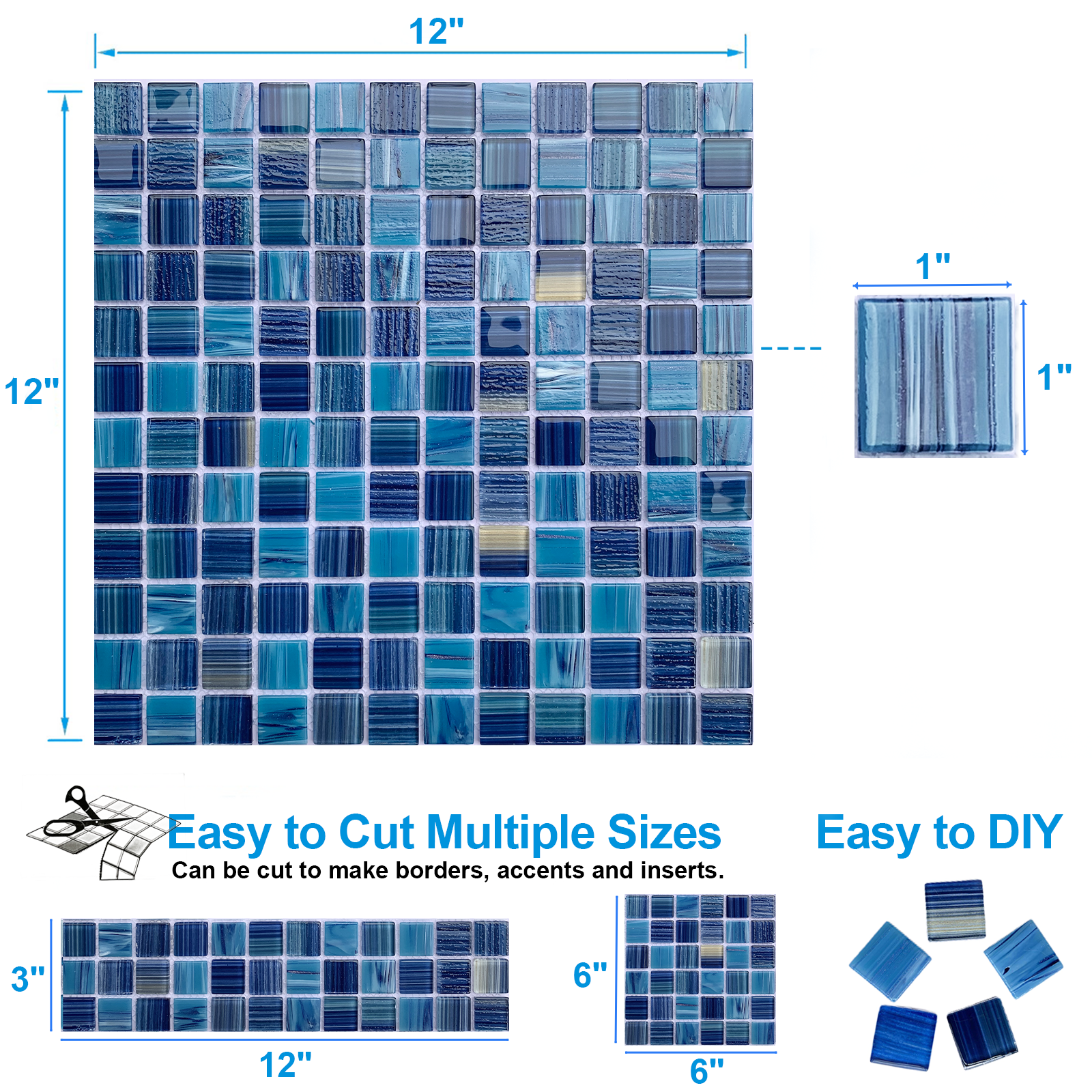 12" x 12" Glass Mosaic Tiles Backsplash Pool Tile for Bathroom Border Shower Wall (5 Sq.Ft Cobalt Blue)