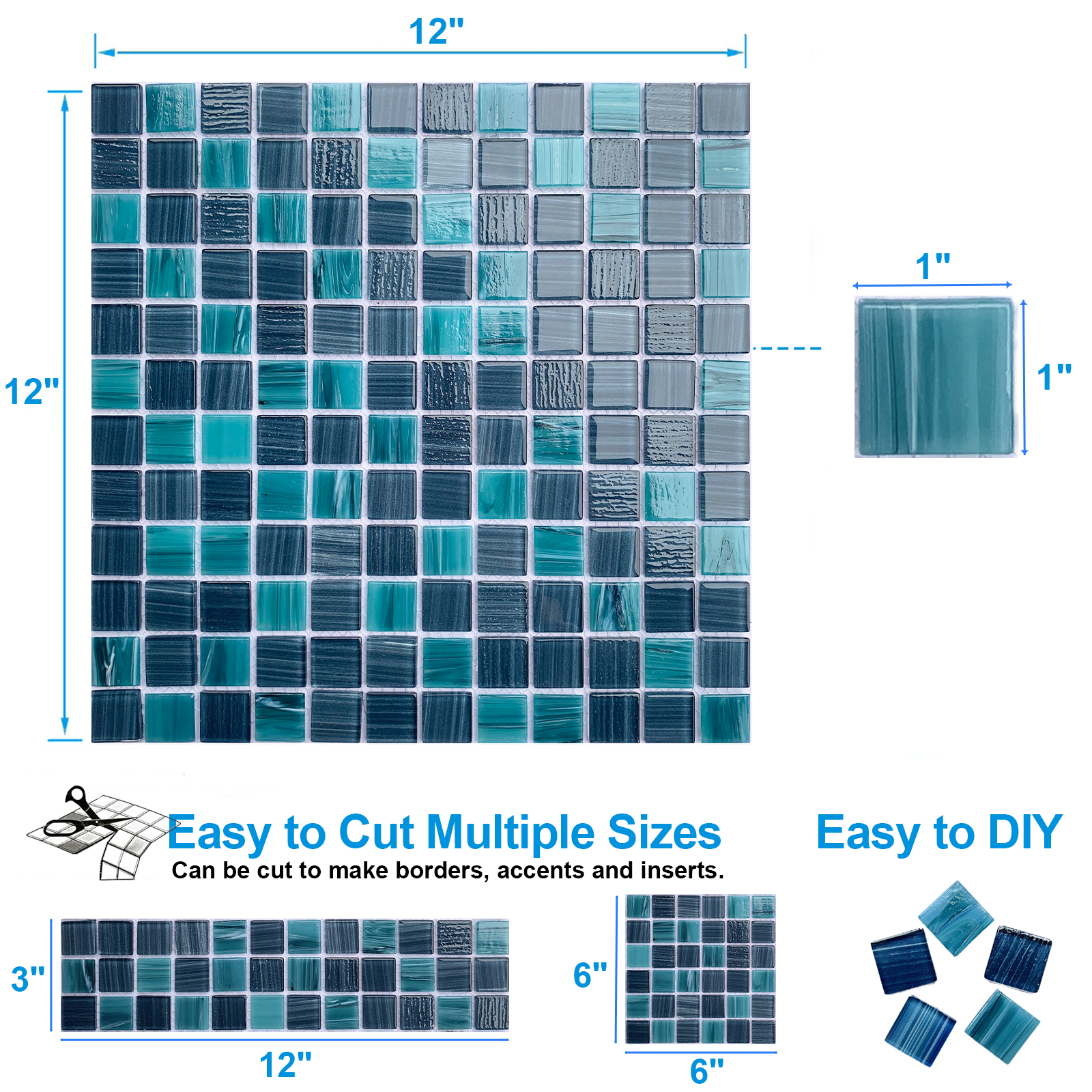 12" x 12" Glass Mosaic Tiles Backsplash Pool Tile for Bathroom Border Shower Wall (5 Sq.Ft Cobalt Blue)