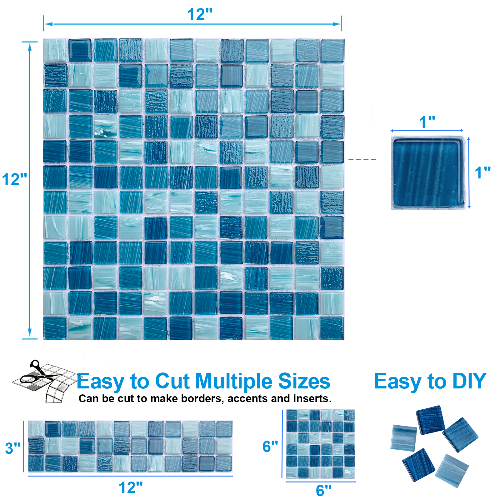 12" x 12" Glass Mosaic Tiles Backsplash Pool Tile for Bathroom Border Shower Wall (5 Sq.Ft Cobalt Blue)